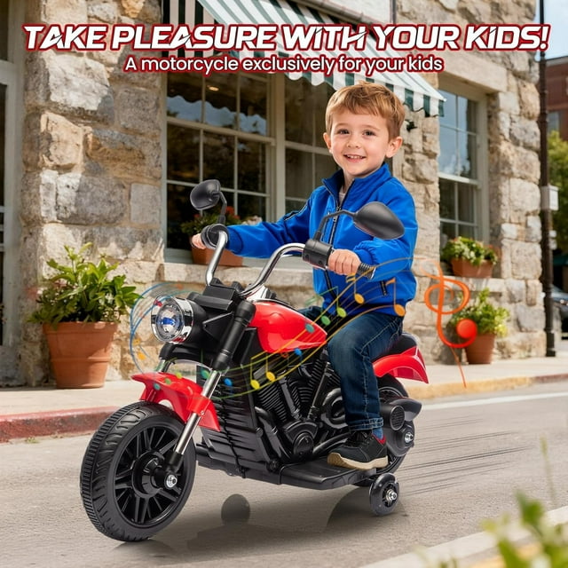 OUYAWEI 12V Electric Ride on Toy,3-Wheel Ride on Motorcycle with Detachable Training Wheels,Reverse,Headlight,Horn,Music for Toddler Boys Girls Ages 3-5,Red