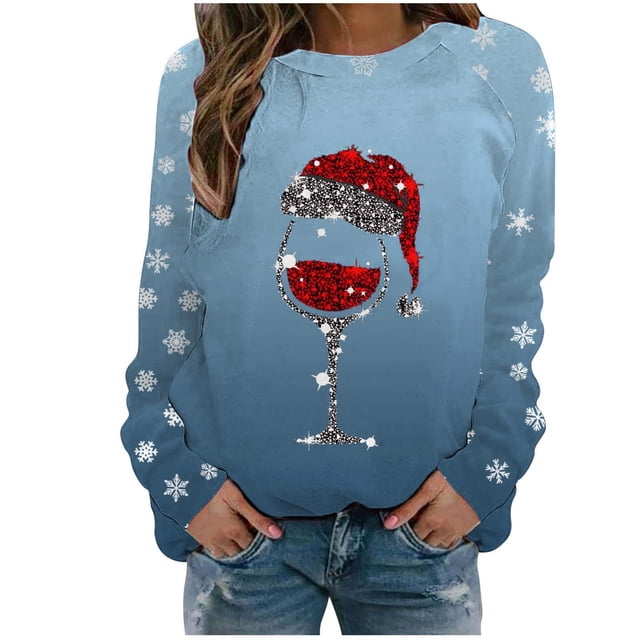 VJATTWR Mes Articles Chandail en Molleton de Noël pour Femmes Automne et Hiver Flocon de Neige Rouge Verre Dégradé Imprimé Col Rond Épaule Manches Longues Décontracté Sport Chandail en Molleton Get it Fast