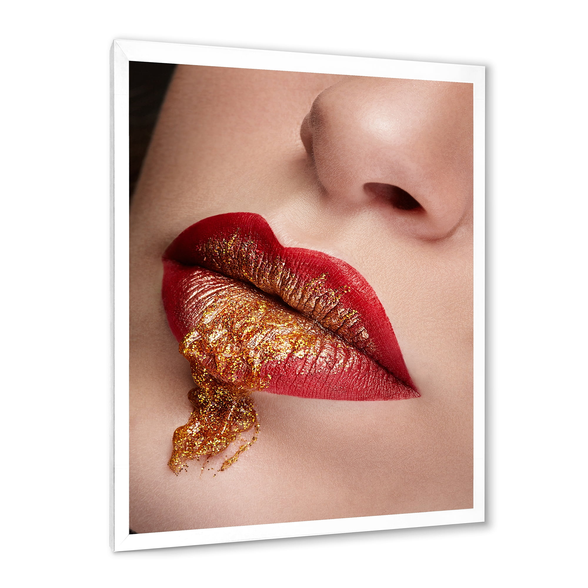 Designart 'Close Up Lips With Gold and Red Make Up' Modern Framed Art Print