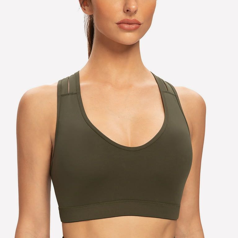 AGONVIN Women's High Impact Plus Size Large Bust Sexy Strappy Back Padded  Sports Bra Olive Green XX-Large Plus