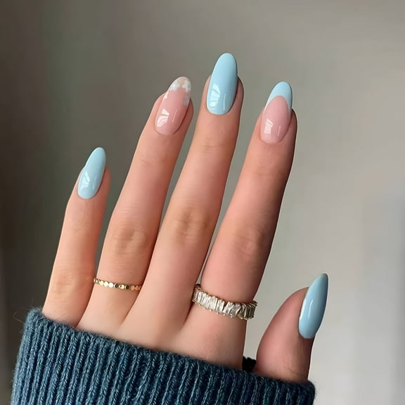 RAGUPEL 24 Pcs Almond Shape Press on Nails, Short Length with Blue Flowers French Designs Fake False Nails with Glue, Ballet Nail Art for Women and Girl Stick on Nails