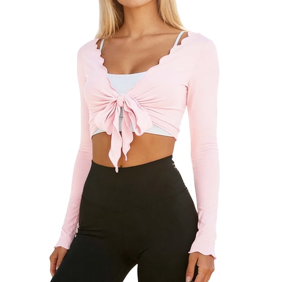 GJSYRH Womens Sheer Shrug Tie Front Long Bell Sleeve Mesh Bolero Lightweight Summer Casual Short Shawl Top Pink S