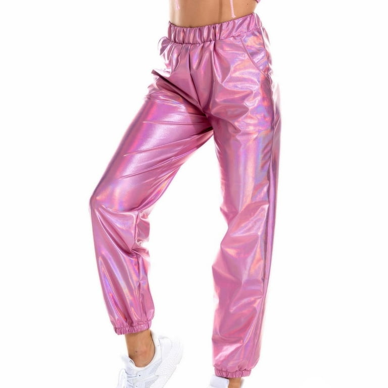 Airpow Clearance Casual Straight Jogger Pants With Pockets Women's Fashion  Club Shiny Causal Pants Sports Pants Pencil Pants Pink M