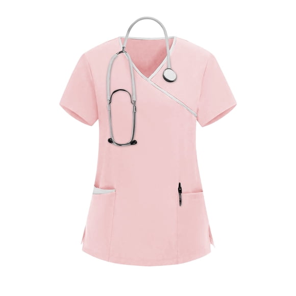 RKSTN Womens Scrub Tops Nurse Uniform Color Block V Neck Short Sleeve Scrubs Top with Pockets Nurse Healthcare Clinic Maid Caregiver Protective Wear Top
