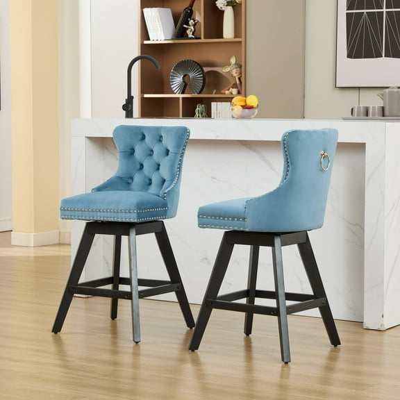 Bar Stools Set of 2, Button Tufted Swivel Chair with Wooden Legs and Chrome Nailhead Trim, Mid-Century Modern Chairs for Kitchen, Living Room, Light Blue