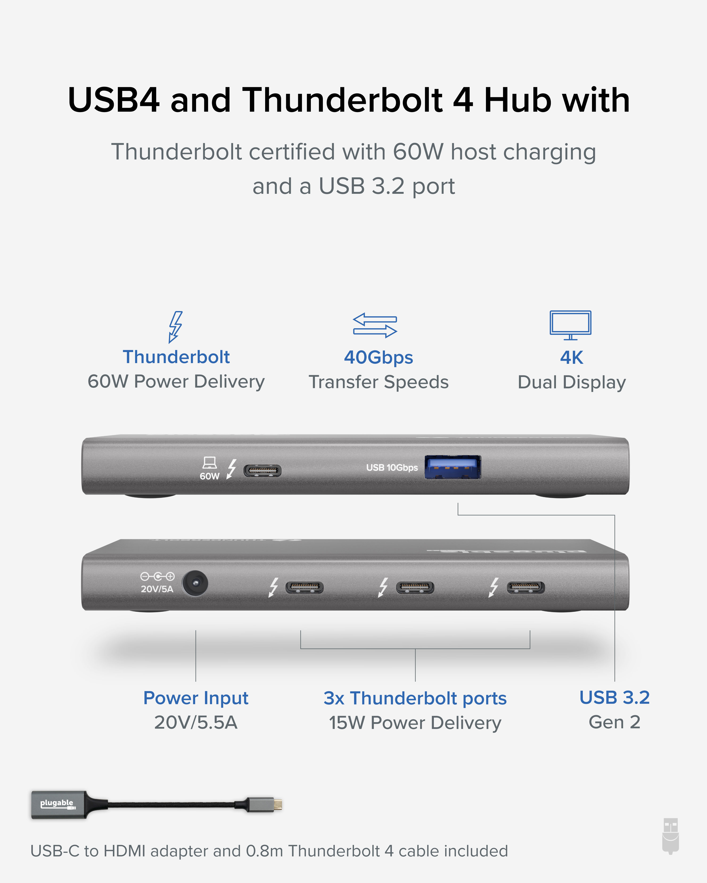 Plugable 5-in-1 Thunderbolt 4 Hub with 60W Charging, Single 8K or Dual 4K Display, Compatible with Thunderbolt USB4 Macs and Thunderbolt 4 / USB4 Windows (1x USB-C to HDMI Adapter) - image 3 of 7