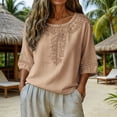 thumbnail image 3 of BODOAO Womens Summer Linen Blouses Crew Neck Shirts Beach Cotton Tops Loose Fit Mexican Shirt Peasant Blouses Tunic Tops Flower Print Shirts Flowy Shirt Soft Floral Top Business Work Blouses, 3 of 8