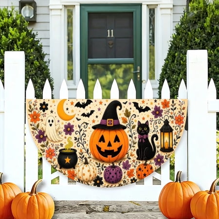 Halloween Bunting Flag Semicircle Fan-Banner Fall Fabric Halloween Banner for Outside Porch Fences Window Decor Halloween Bunting Flags Outdoor 18x36 in