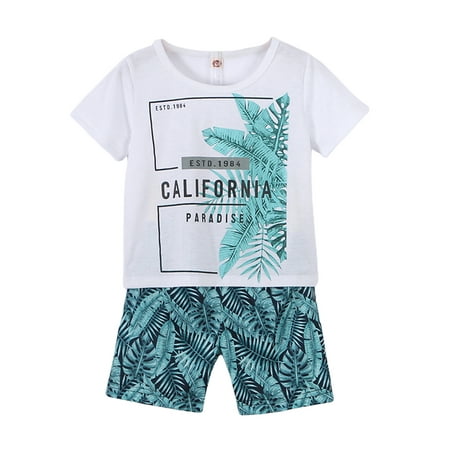 

Toddler Boy Summer Set White Short Sleeve Letter T-shirt Banaba Leaf Print Shorts Set