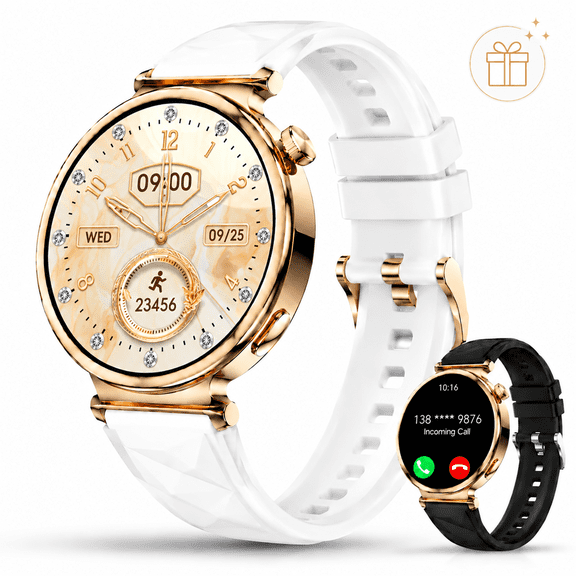 Smart Watch for Women, 1.32" OLED Round Display Fitness Tracker/Pedometer with Bluetooth Calls, 1ATM/IP68 Waterproof Ladies Smartwatches Compatible with iphone Android, for Gift, 2 Straps