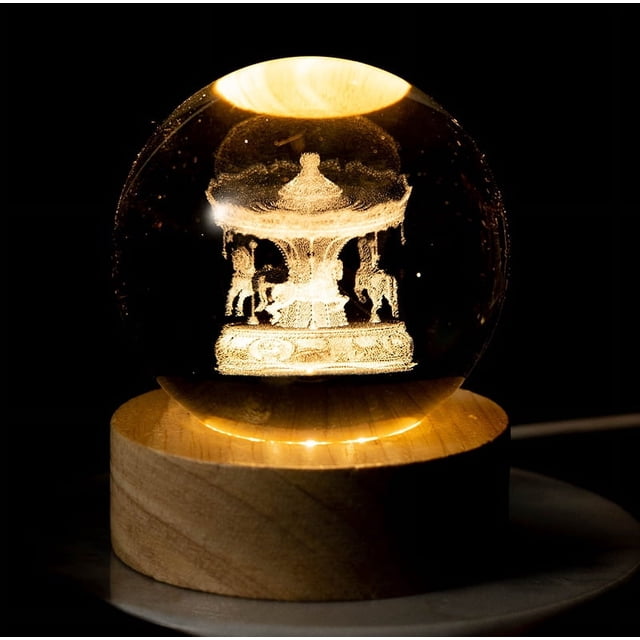 Bola de cristal de luna con tallado interior de galaxia luminosa, luz nocturna creativa, decoración de escritorio, base de madera USB, regalo para niños y niñas