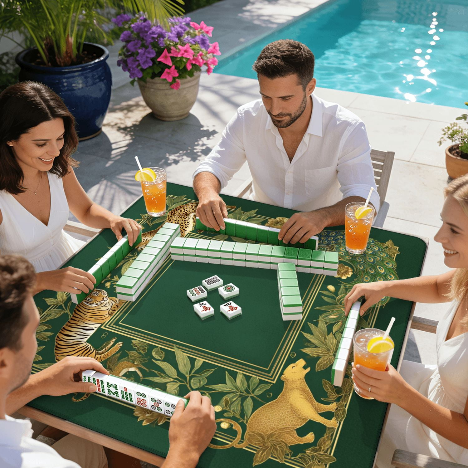 Mahjong Mat 31.5" x 31.5" Tropical Jungle Wildlife Tiger Leopard Peacock Golden Frame Non-Slip Noise Reduction American Mahjong Tiles Table Cover for Dominoes Poker Card Board Games Gift
