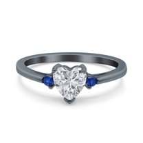 Black Tone, Simulated Cubic Zirconia Size-6 Art Deco Heart Three Stone Wedding Bridal Ring Round Blue Sapphire CZ 925 Sterling Silver