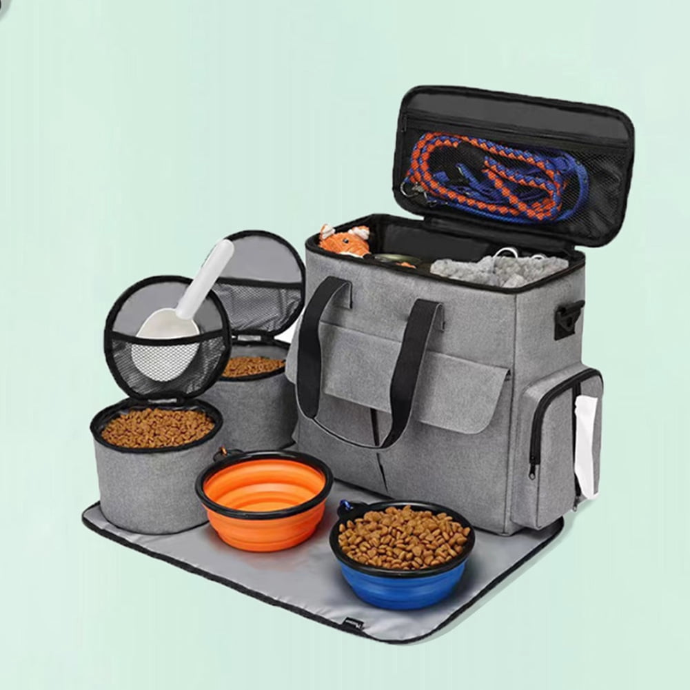 Ataucjin Multi-Function Dog Travel Backpack with Shoulder Strap, 2 Food Storage Containers, 2 Collapsible Bowls, Pet Mat, Portable Dog Supplies Carrier