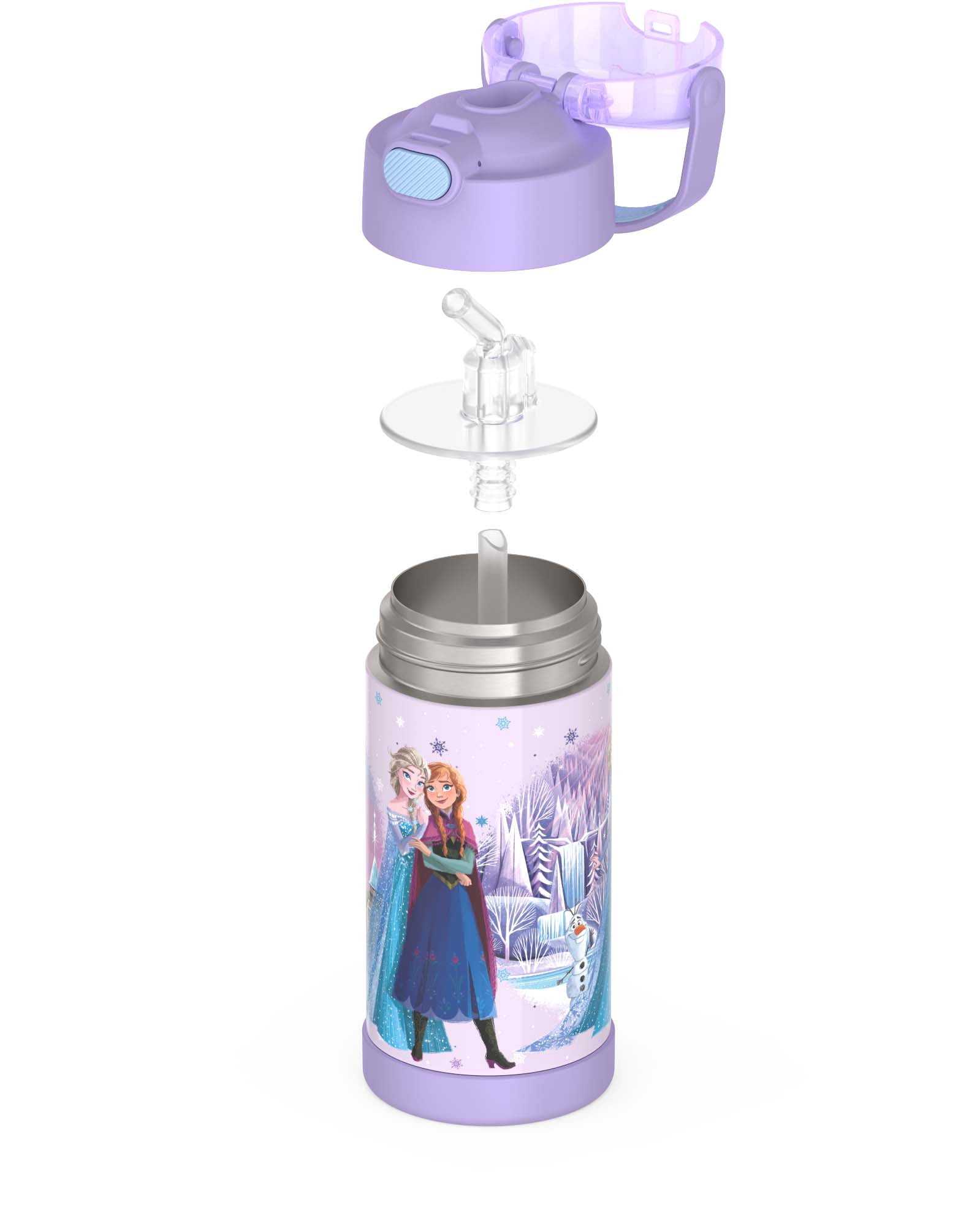 Bouteille isotherme Thermos Kids Funtainer en acier inoxydable de 355 ml avec paille rabattable, La Reine des Neiges