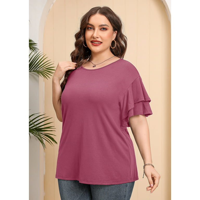 SHOWMALL Plus Size Clothes for Women Double Ruffle Short Sleeve Mauve 1X  Tunic Shirt Summer Tops Loose Fitting Clothing 
