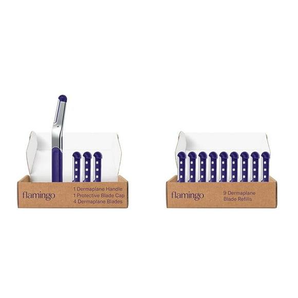 Flamingo Dermaplane Razor Kit, Includes 1 Dermaplane Handle with Blade Cover and 4 Refillable Razors + Flamingo Dermaplane Blades Refills, 9 Count
