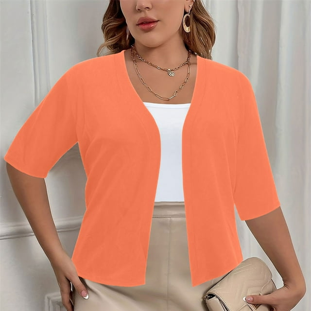 CFLVAEK Fall Cardigan Sweaters for Plus Size Women Casual Short Sleeve Open Front Shrugs Soft Solid Color Cropped Boleros Lightweight Cardigans Cover Ups Beige XXL