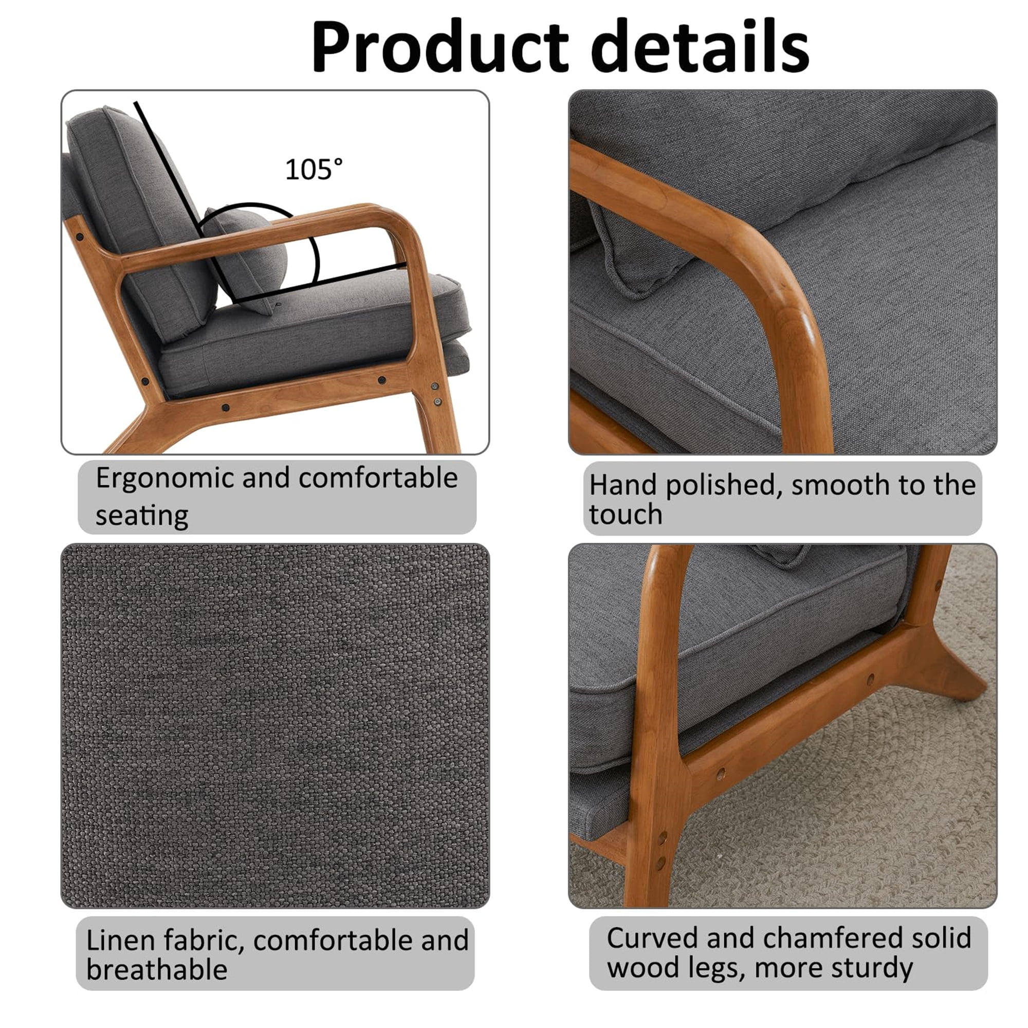 Aukfa Modern Accent Chair w/ Lumbar Pillow for Living Room, Mid Century, Wood Frame, Linen, Gray