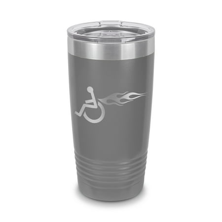 

Left Facing Wheelchair with Flames Tumbler 20 oz - Laser Engraved w/ Clear Lid - Stainless Steel - Vacuum Insulated - Double Walled - Travel Mug - handicap hot rod hotrod disabled - Gray