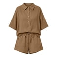 thumbnail image 4 of felwors Linen Short Sets For Women Oversized 2 Piece Outfits V Neck 2026 Solid Color Summer Vacation Beach Casual Button Suits (Khaki, M), 4 of 8