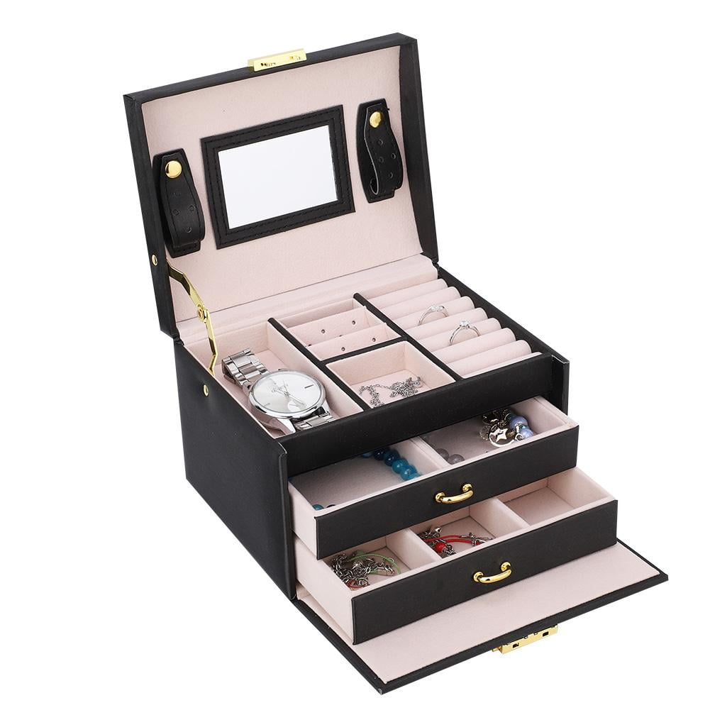 3-Layer PU Leather Large-Capacity Jewelry Box Lockable Storage Organizers Case 