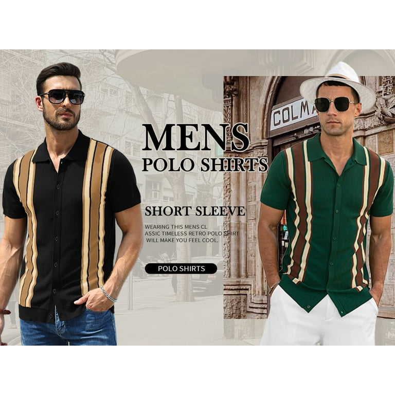 Iceglad Mens Polo Shirts Vintage Striped Knitting Short Sleeves Button Down Golf Shirts, Men's, Size: XL
