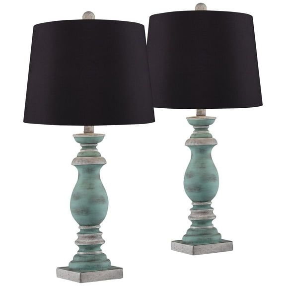 Regency Hill Patsy Country Cottage Table Lamps 26 1/2" High Set of 2 Blue Gray Washed Black Faux Silk Drum Shade for Bedroom Living Room House Bedside