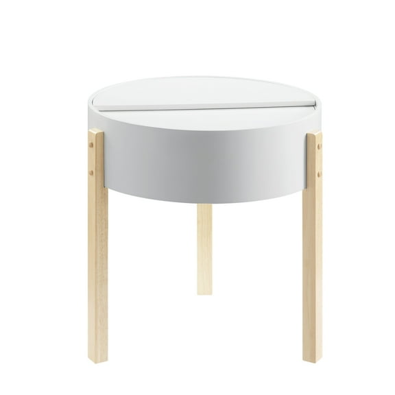 Benjara Round Wooden End Table with Hidden Storage, White and Brown
