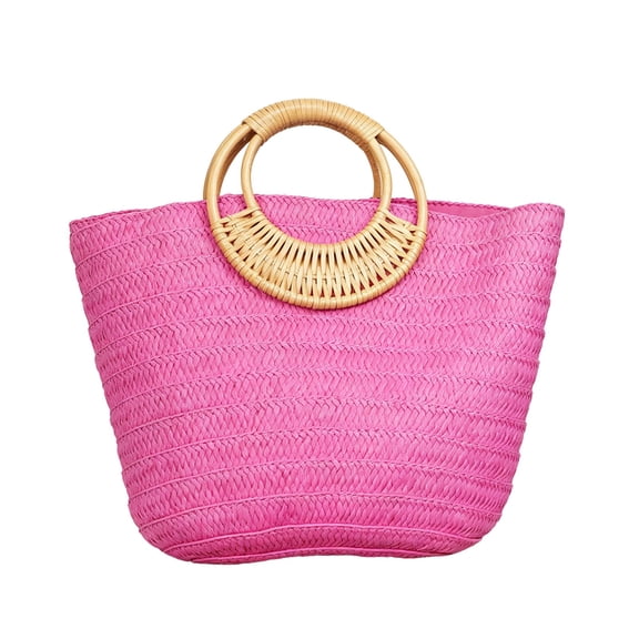Holloyiver Straw Bags for Women, Hand-woven Straw Large Bag with Round Handle Ring Tote Retro Summer Beach Rattan Bag