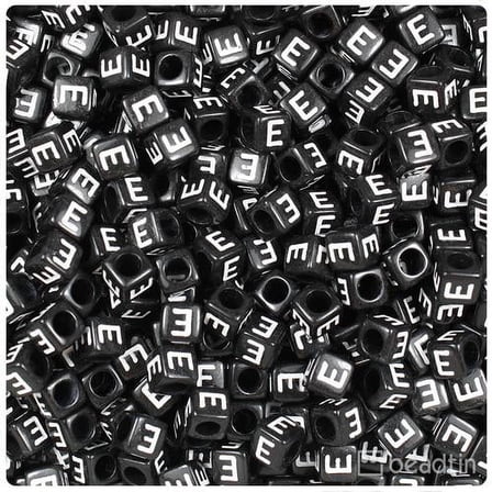 BeadTin Black Opaque 6mm Cube Alpha Beads - White Letter E (80pcs)