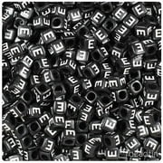 BeadTin Black Opaque 6mm Cube Alpha Beads - White Letter E (80pcs)
