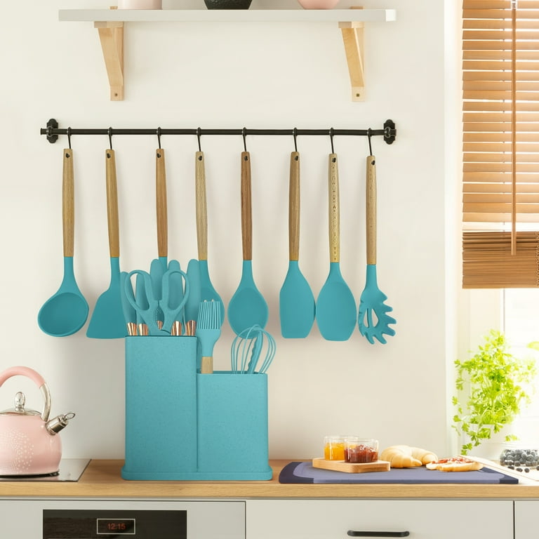  LeMuna Cooking Utensils Set, 18pcs Kitchen Silicone Utensils,  Heat Resistant Non Toxic & BPA-Free with Holder & Wooden Handle, Home  Essential Accessories, Teal(Turquoise) : Home & Kitchen