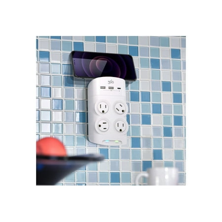 360 Electrical - Revolve45, 4 Rotating Outlets/2 USB-A and 1 USB-C 1080 Joules Surge Protector - White
