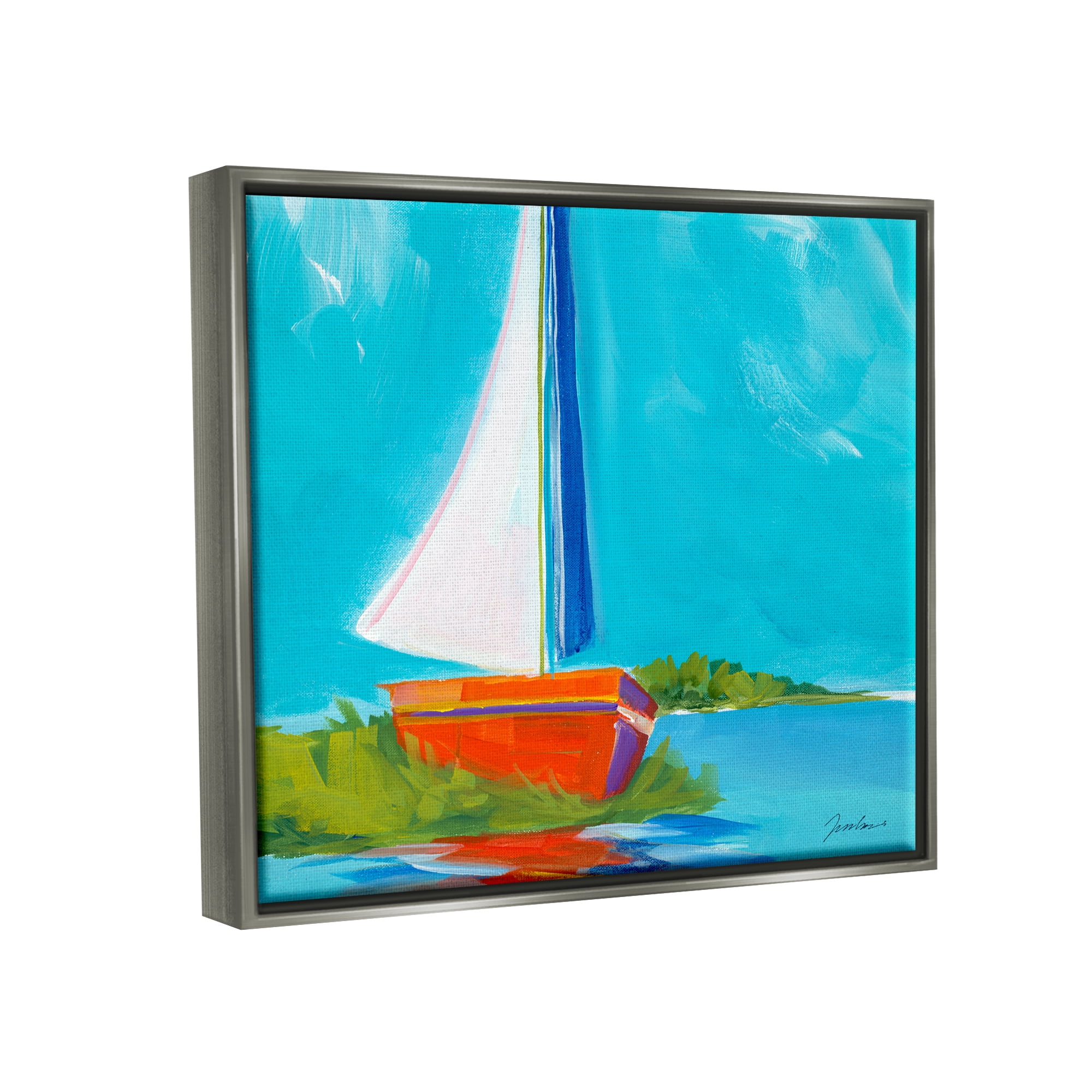 Stupell Industries Modern Sailboat on Shore Transportation Painting Gray Floater Framed Art Print Wall Art, 31 x 25