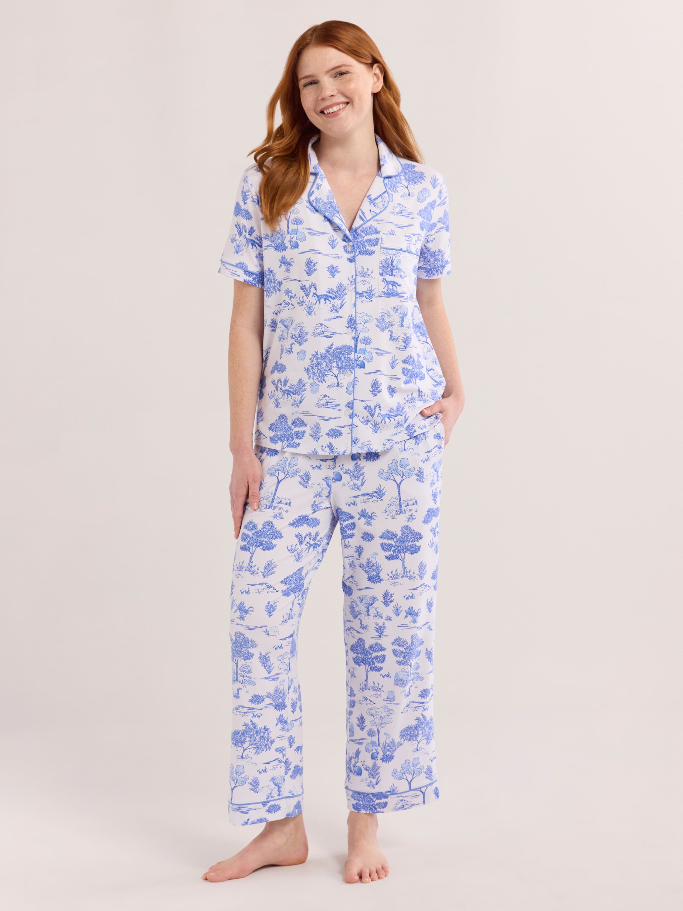 Joyspun Women's Dreamy Soft Collection Notch Collar Short Sleeve Knit Top & Capri Pajama Set, 2-Piece, Sizes XS-3X