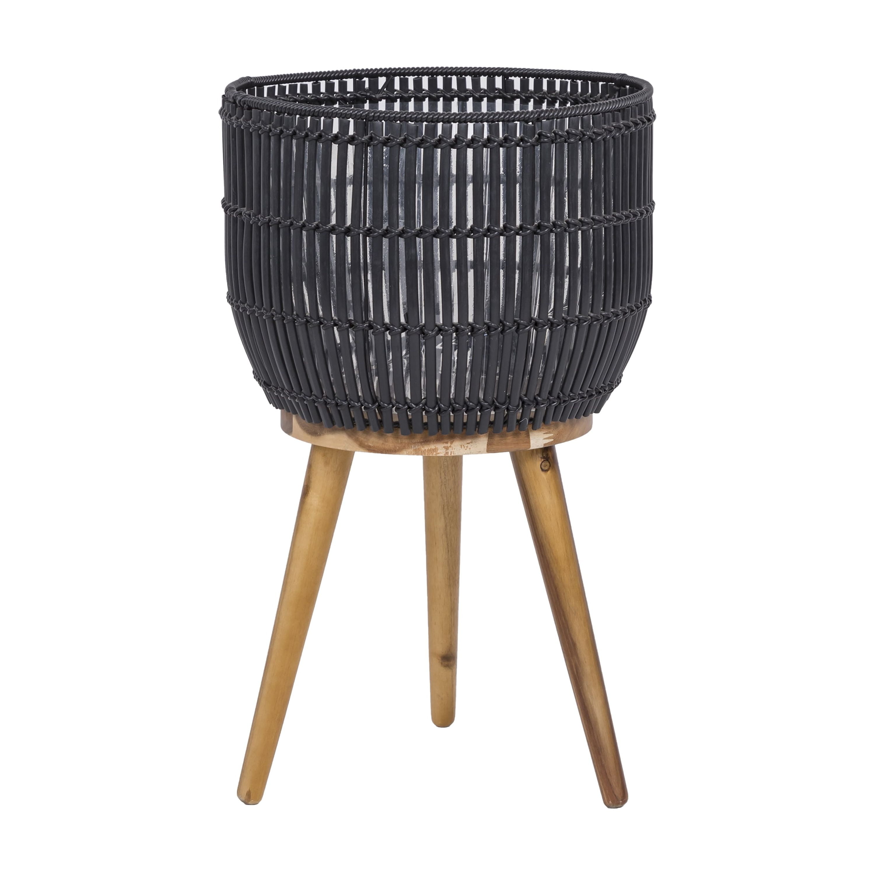 Better Homes & Gardens Black Round Resin Planter & Stand Set with Wood Legs