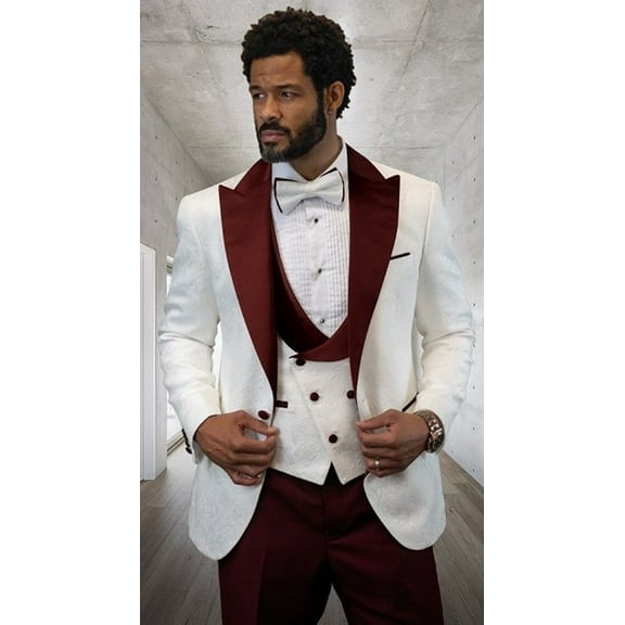 Men's Stylish Burgundy and White Modern Fit Fashion Tux Statement Hilton