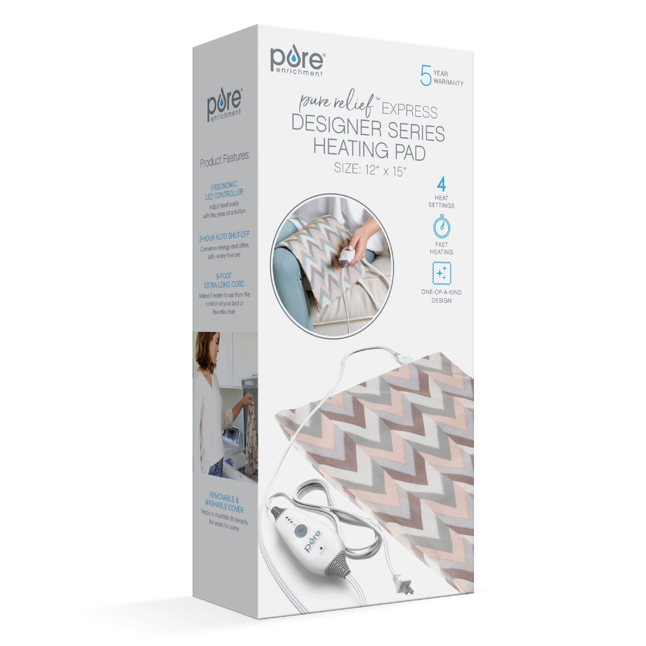 Pure Enrichment PureRelief Express Designer Series Electric Heating Pad - 12” x 15” Fast-Heating with 4 Heat Settings, Machine-Washable Fabric, & 2-Hour Auto Safety Shut-Off - Desert Herringbone