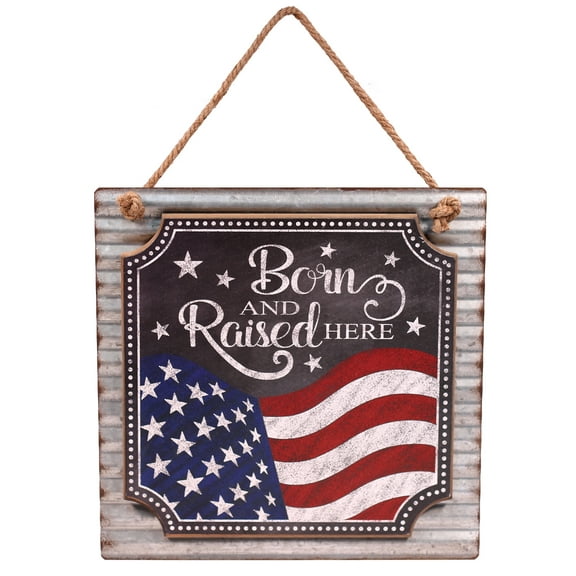 Patriotic American Flag Hanging Sign, 12 Inch Square With Jute Hanger, MDF Wood on Corrugated Metal, Great for Military, Police, 4th Of July