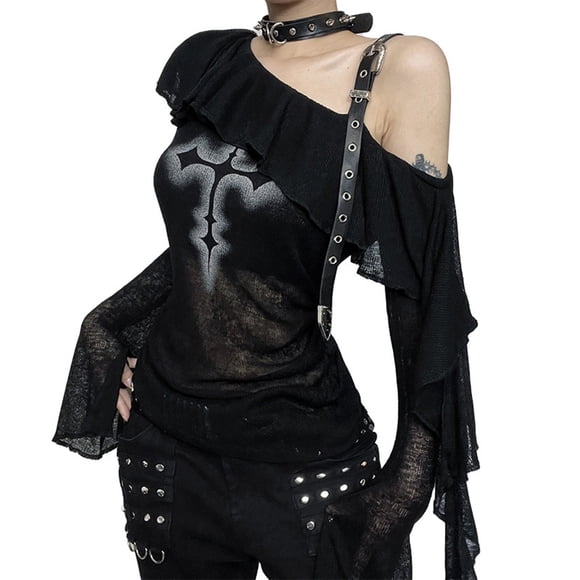 Goth Long Sleeve Tshirt Women 2026 Fashion Off Shoulder Fitted Waist Graphic Tshirt Shirt