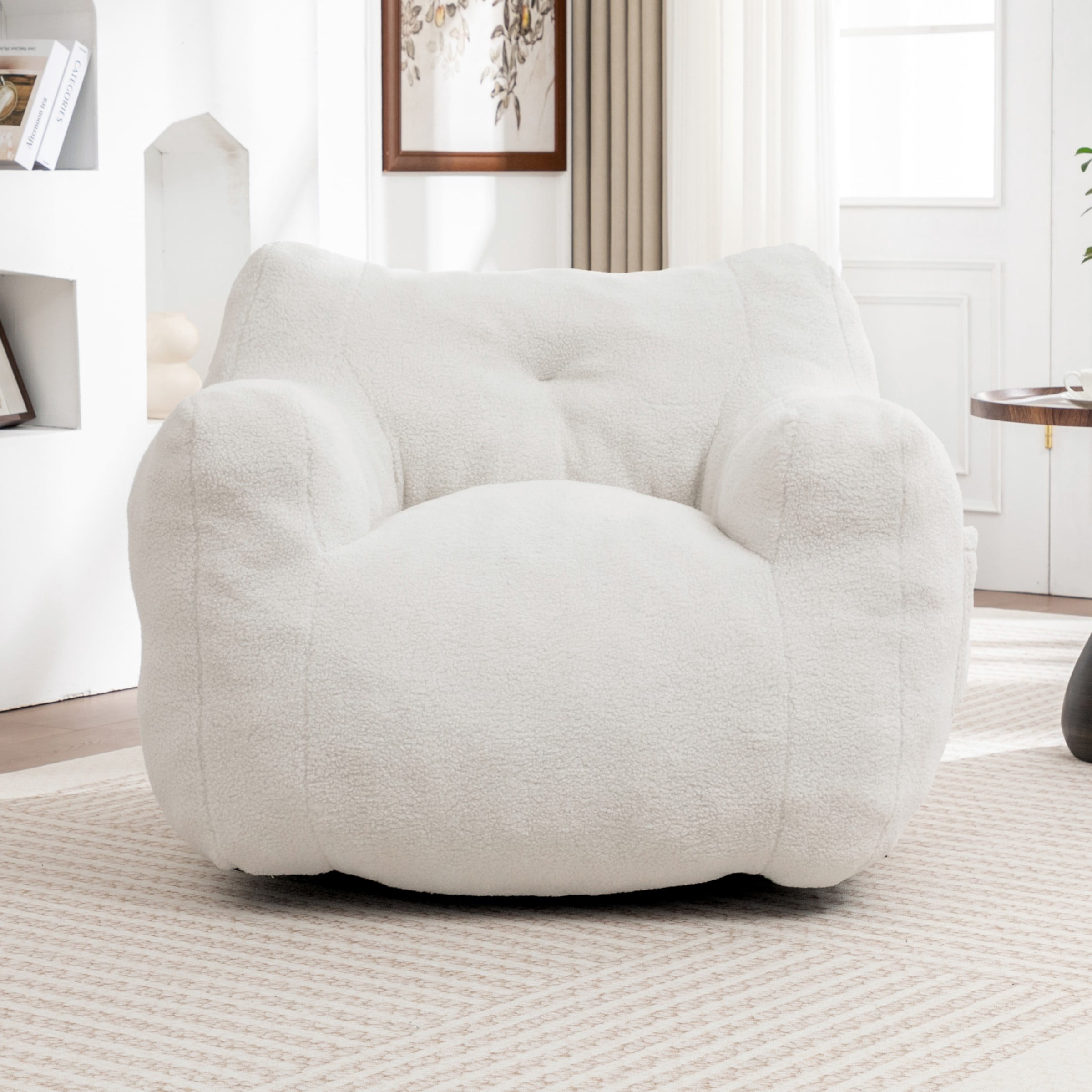 Bean Bag Chair for Adults, Memory Foam Bean Bag Sofa with Armrests, Lazy Floor Chair for Living Room Bedroom Reading, White