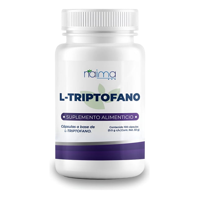 l-triptofano 100 cáps de 500 mg 100% puro sin sabor sin sabor suplemento alimenticio Naima, botella blanca frontal con etiqueta que muestra L-TRIPTOFANO en mayúsculas, hoja verde y banda morada, indica 100 cápsulas (0.5 g c/u) y leyenda "ESTE PRODUCTO NO ES UN MEDICAMENTO".