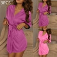 thumbnail image 2 of 3pcs Women Satin Robes with Belt PJ Set Lightweight Sleepwear Half Sleeve Kimono Bathrobe Hot Pink Free Size, 2 of 7