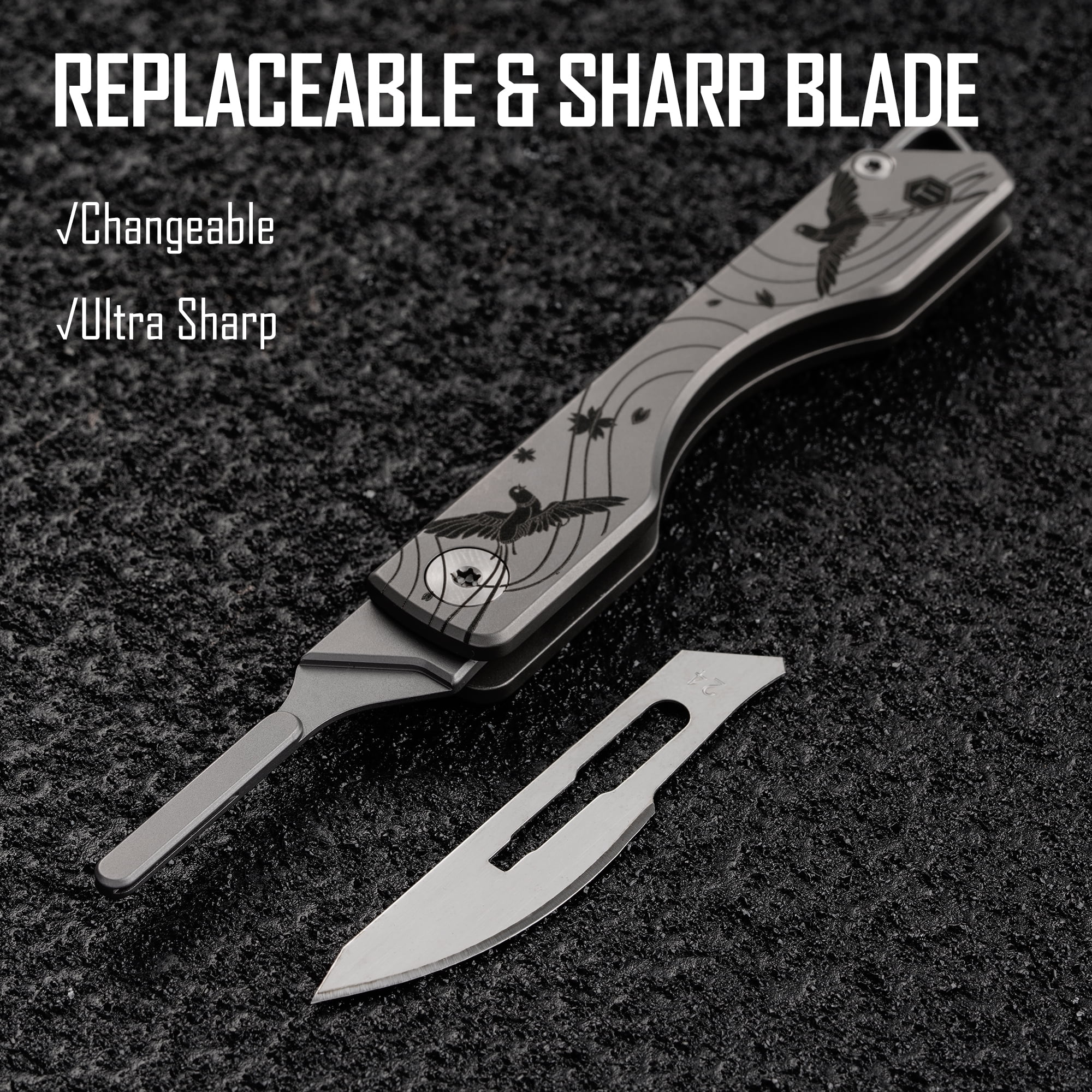 Key Unity KK01 Titanium Folding Knife, Utility EDC Pocket Knife with #24 Replaceable Blade, for Outdoor Hunting, Camping, Fishing, Hiking for Men & Women (Cherry Blossom Bird Pattern)