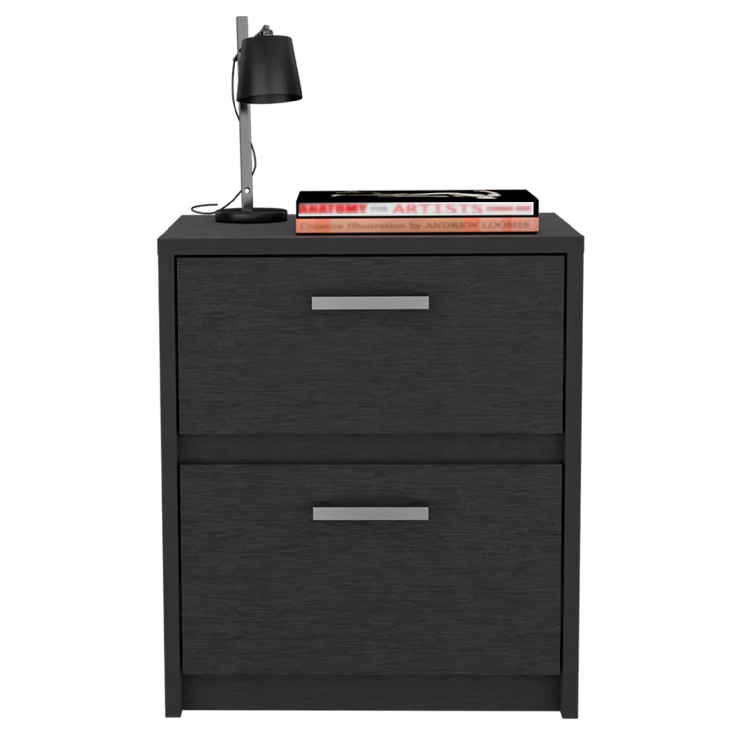 HomeRoots 19 in. Two Drawer Faux Wood Nightstand, Black