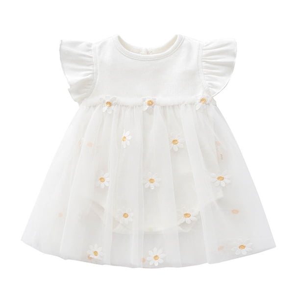 Odeerbi Niñas Verano Algodón Vestido Body Vestido Flor Tul Bordado Cuello Redondo Ruffle Manga Vestido Dulce Malla