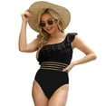 thumbnail image 2 of SWSMCLT Women's One Shoulder Ruffle High Cut One Piece Mesh Swimsuit Fashion Bathing Suit Floral Flounce Beach Cheeky Swimsuit Black 12, 2 of 4