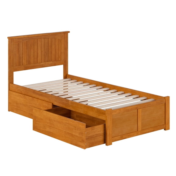 HomeStock Asian Aesthetics Twin XL Solid Wood Platform Bed with Footboard & Storage Drawers in Light Toffee