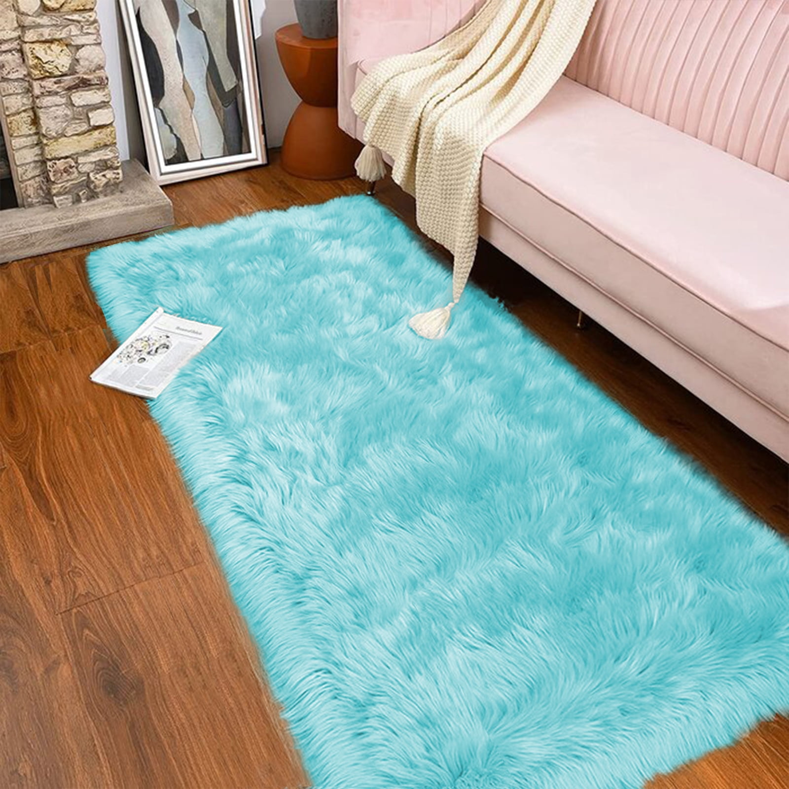 Latepis Light Blue 2x5 Fur Runner Rug, Faux Sheepskin Rugs for Living